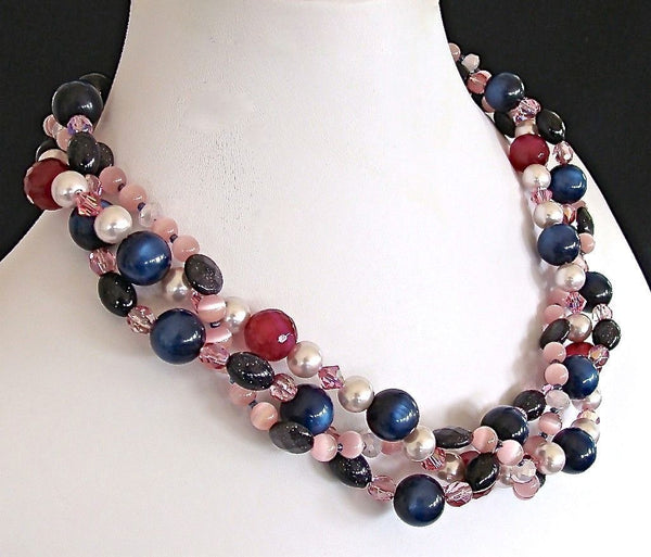 3 strand crystal necklace in navy and pink