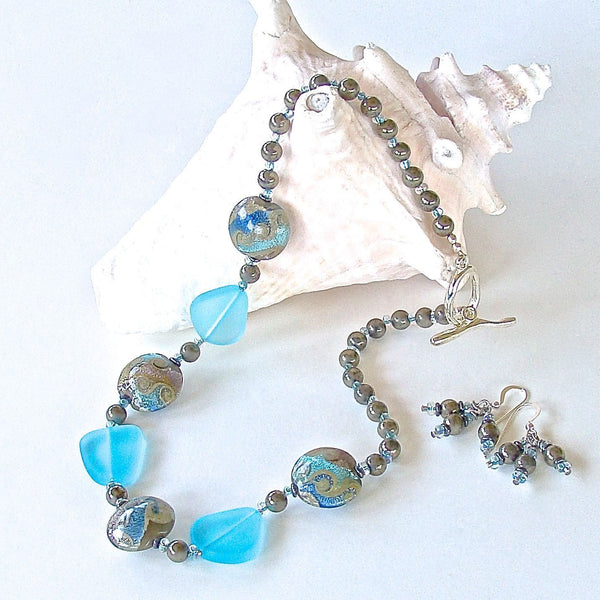 Aqua Sea Glass Necklace Set