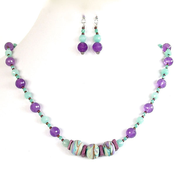 Beaded artisan glass and jade necklace set
