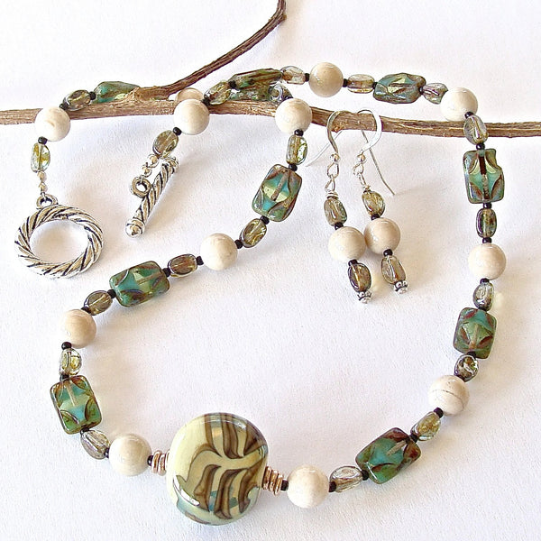 Beaded riverstone and art glass necklace