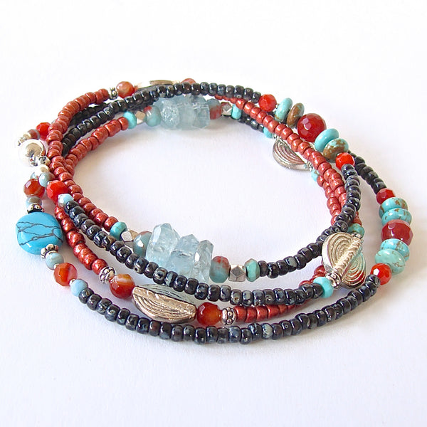 Santa Fe: Beaded Wrap Bracelet in Turquoise and Coral