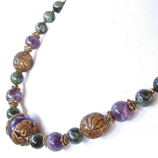Brass, purple, green beaded necklace
