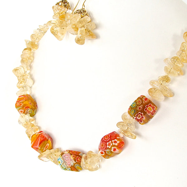 Citrine Necklace with Millefiori Glas