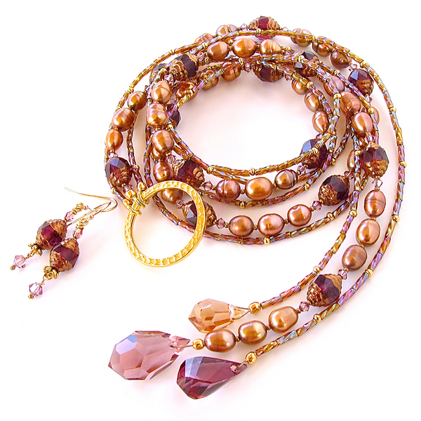 Crystal Lariat Necklace in Purple and Bronze