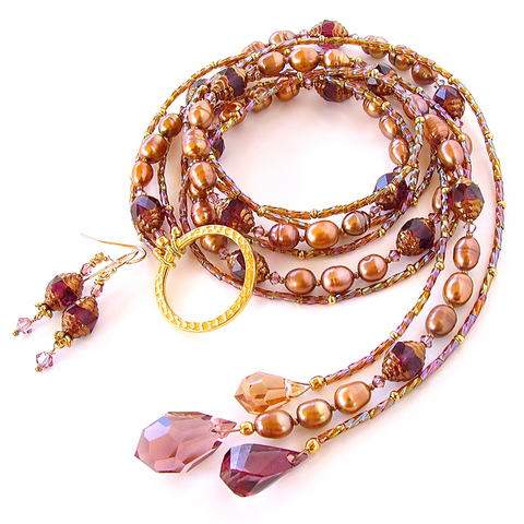 Crystal Lariat Necklace in Purple and Bronze