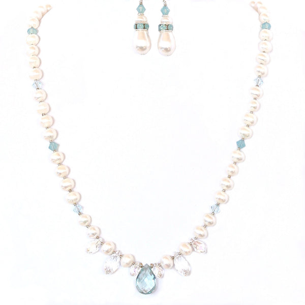 Freshwater Pearl Necklace with Aqua Quartz Pendant
