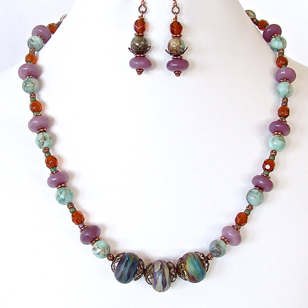 Handcrafted Necklace in Purple and Aqua Gemstones and Glass
