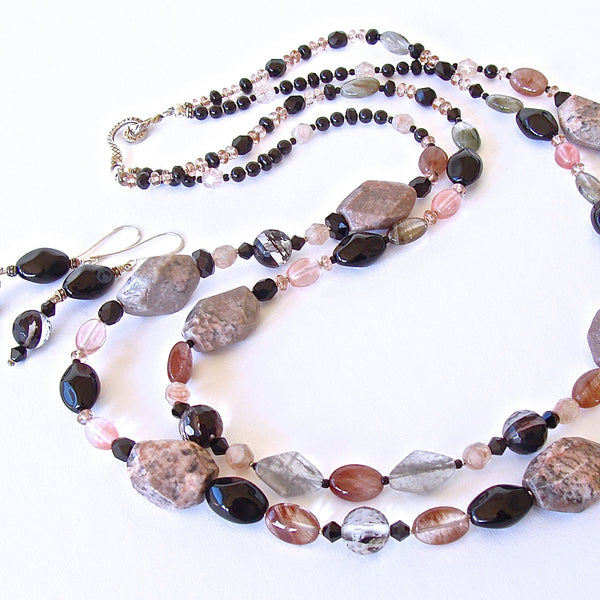 Handmade Pink and Black Beaded Necklace