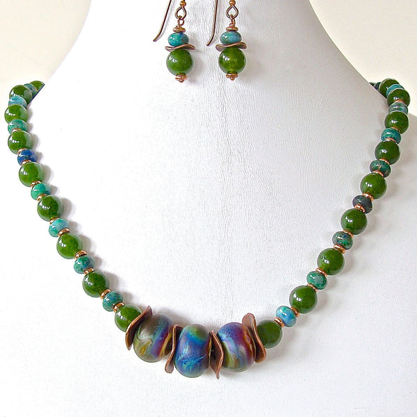 Handmade beaded green and blue necklace set