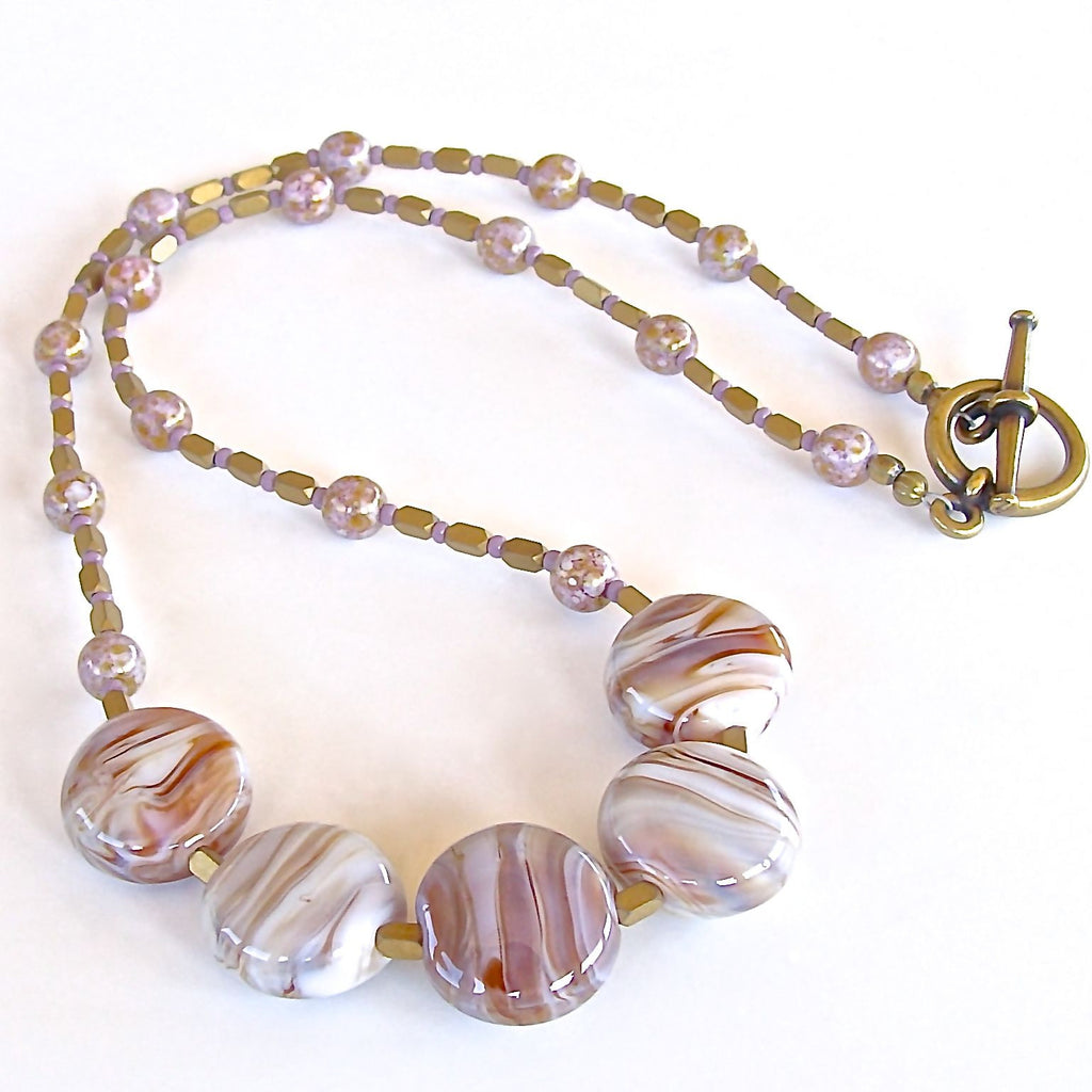 Mauve and Caramel Lampwork Beaded Necklace