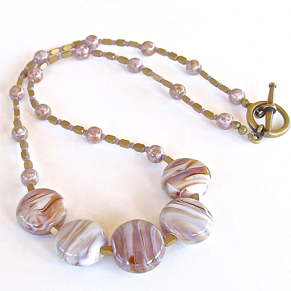 Mauve and Caramel Lampwork Beaded Necklace