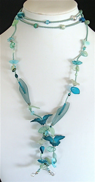 Nautical Lariat with Lucite Flowers Freshwater Pearls