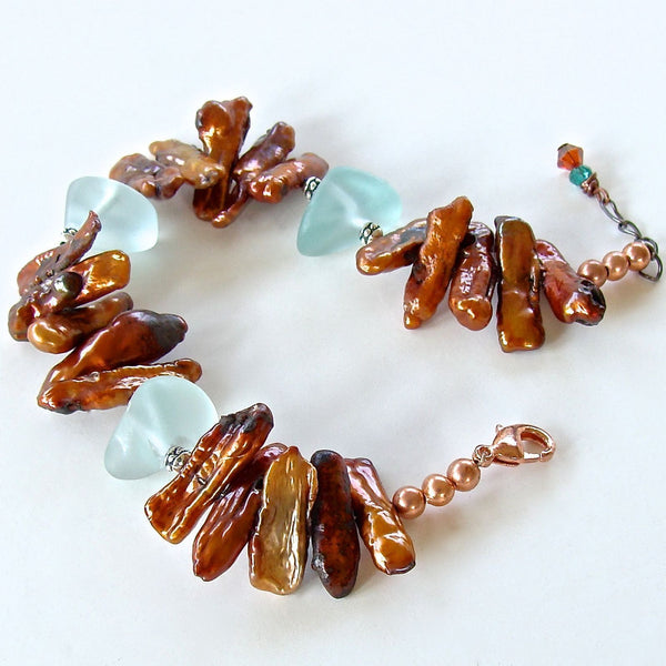 Orange and Aqua Handmade Beaded Bracelet