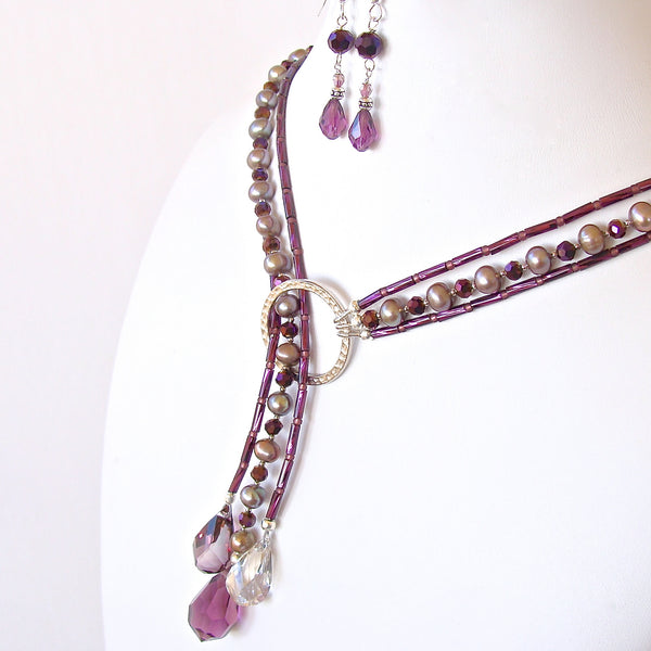 Moon Shadow: Plum Necklace of Crystal and Pearls