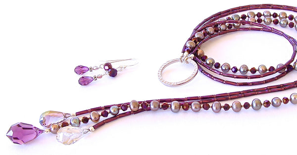 Moon Shadow: Plum Necklace of Crystal and Pearls