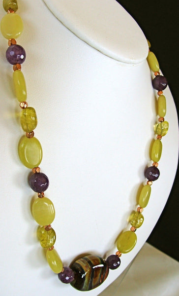 Purple and Lime Hand Blown Glass Bead Necklace
