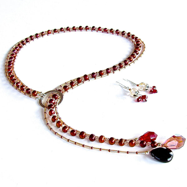 Red pearl lariat necklace set