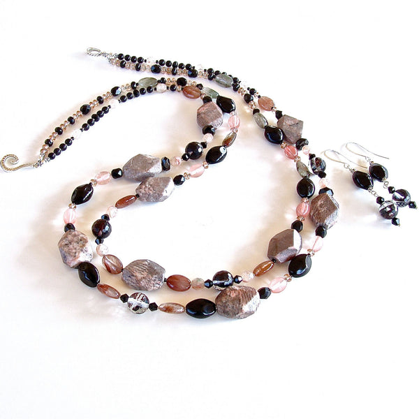Semi-precious pink and black beaded necklace set