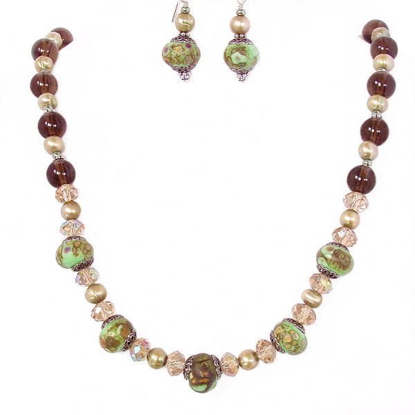 Smoky Quartz Necklace with Art Glass and Freshwater Pearls