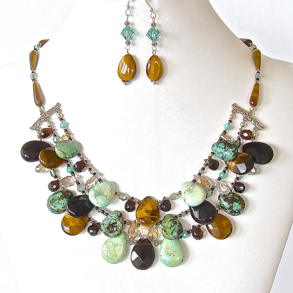 Tigers eye and Turquoise Gemstone Bib Necklace