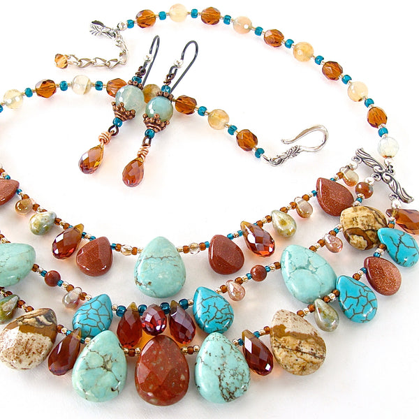 Moab: Crystal and Turquoise Gemstone Bib Necklace Set