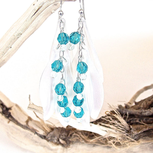 White and aquamarine petal earrings