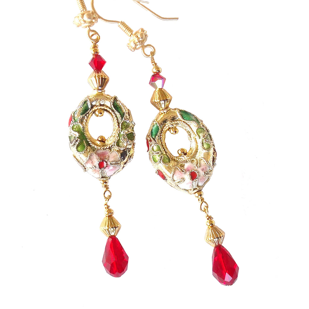 dangle earrings in red and gold