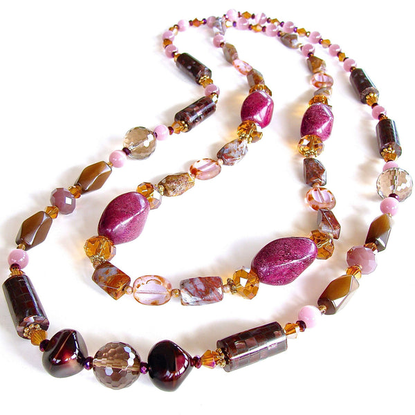 eclectic long necklace in purple and brown
