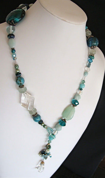 Chalcedony Lariat Necklace with Semi Precious Stones
