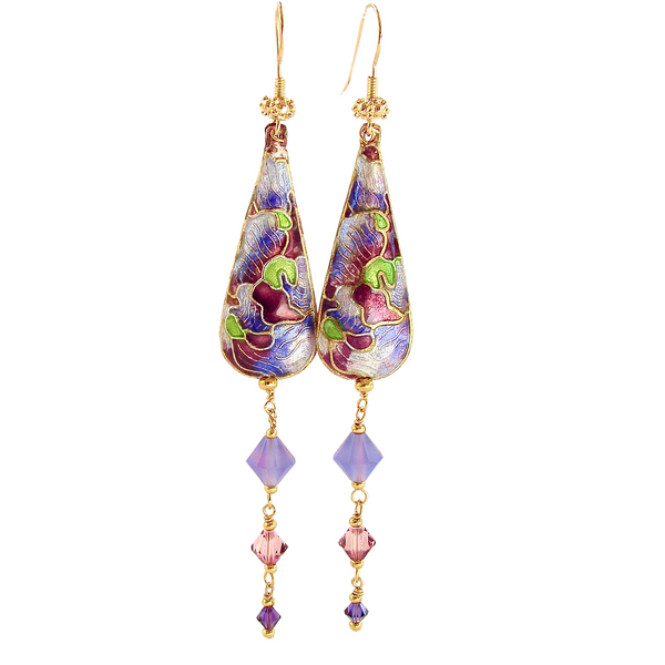 long crystal earrings with cloisonné