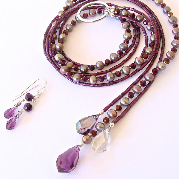 Moon Shadow: Plum Necklace of Crystal and Pearls