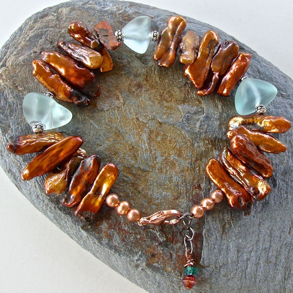 Aqua Sea Glass and Pearl Handcrafted Bracelet