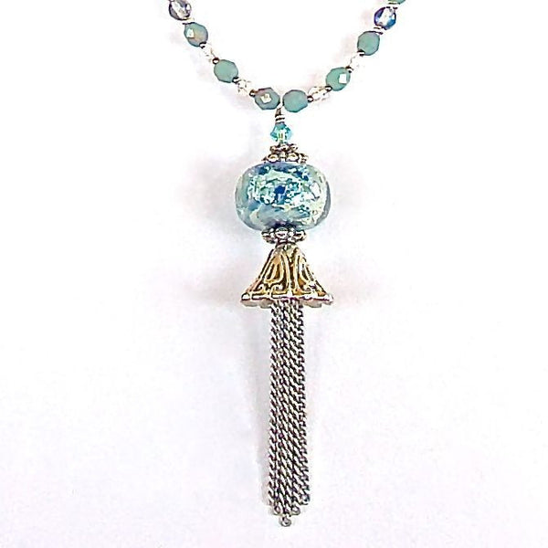 Aqua and cobalt tassel pendant necklace