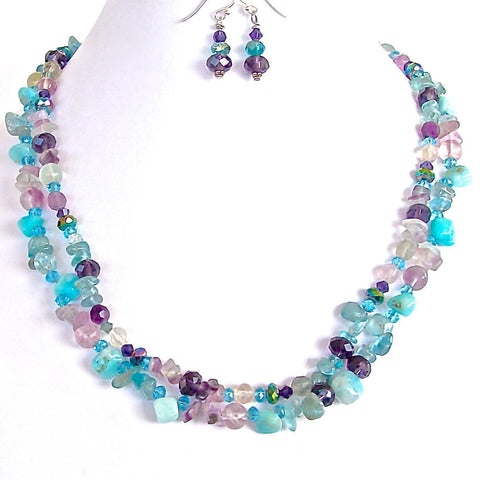 Aqua and purple gemstone necklace set