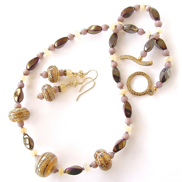 Art Glass Necklace in Cream and Bronze