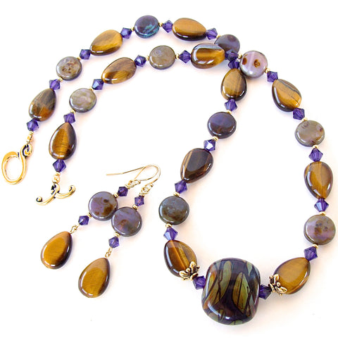 Art Glass Necklace with Tigers Eye Gemstones