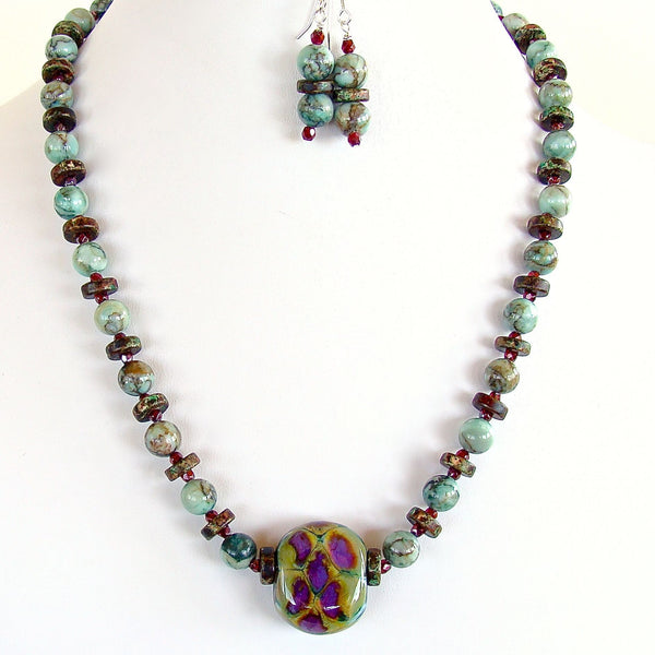 Beaded Jasper and Lampwork glass necklace
