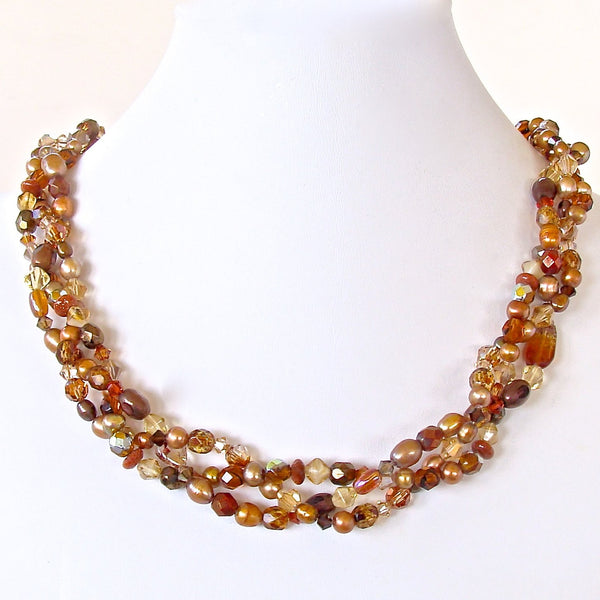 Beaded Necklace in Brown and Gold