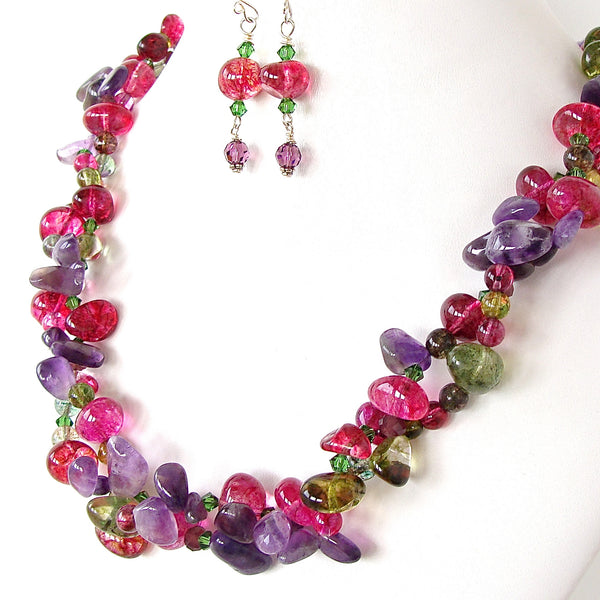 Beaded Amethyst and Pink Quartz Necklace Set