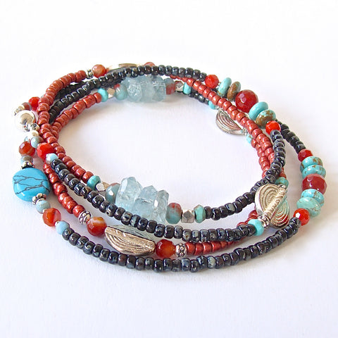 Santa Fe: Beaded Wrap Bracelet in Turquoise and Coral