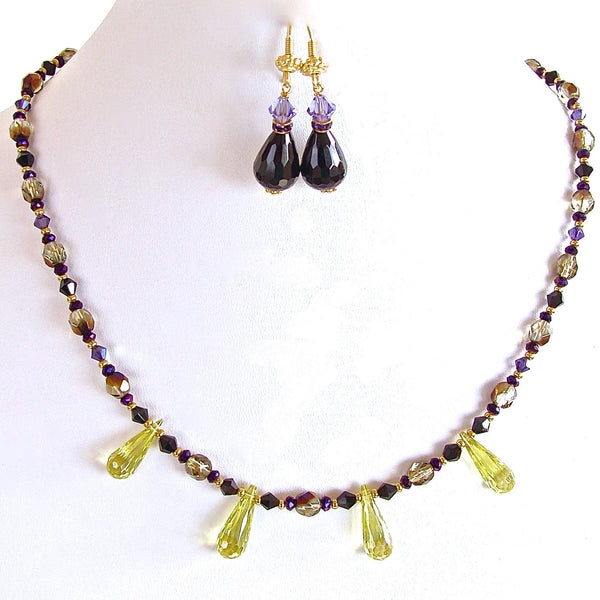 Black and lemon quartz crystal necklace