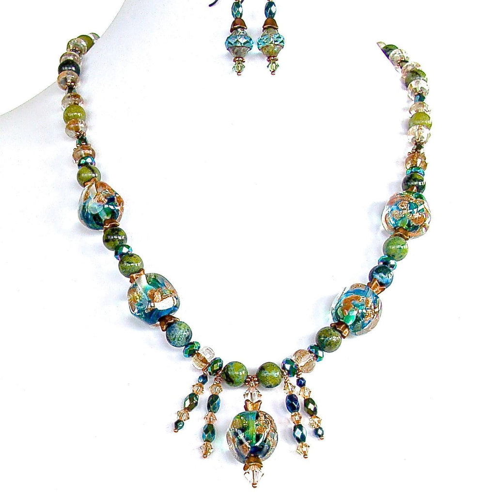 Blue and Green Beaded Necklace Set