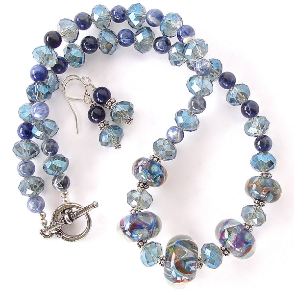 Blue Crystal Necklace Set with Art Glass