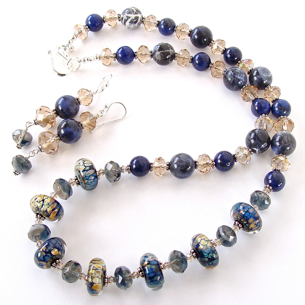 Blue Gem Necklace with Art Glass