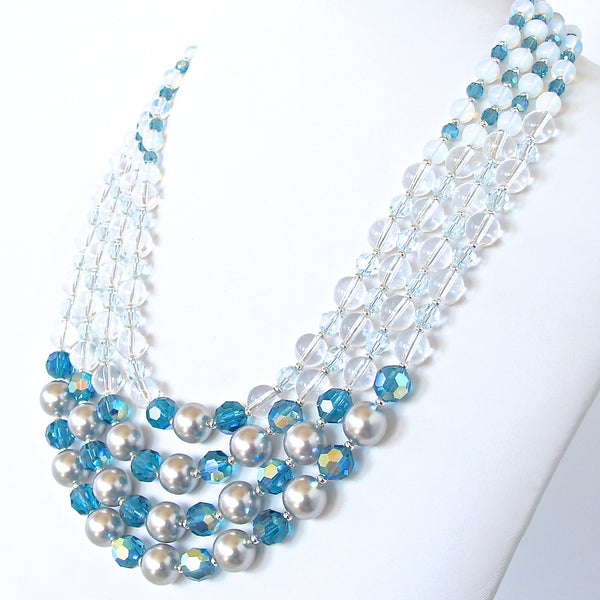 Blue Statement Necklace in Crystal and Pearls