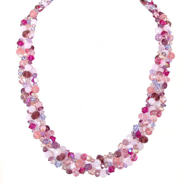 braided necklace in pink and purple