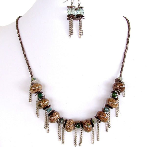 Brown and green semi-precious necklace set