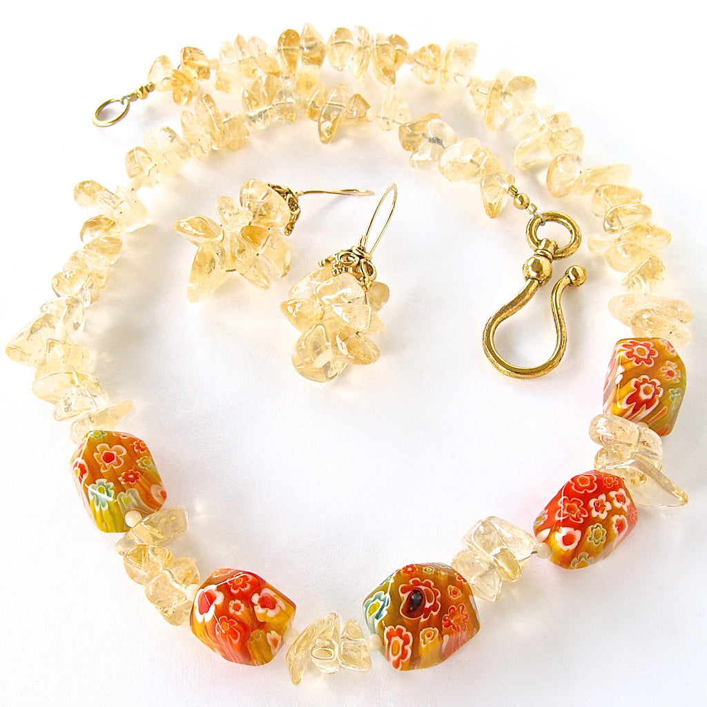 Citrine Gemstone Necklace with Millefiori Glass