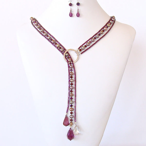 Moon Shadow: Plum Necklace of Crystal and Pearls
