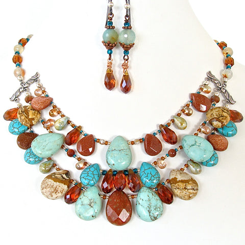 Moab: Crystal and Turquoise Gemstone Bib Necklace Set